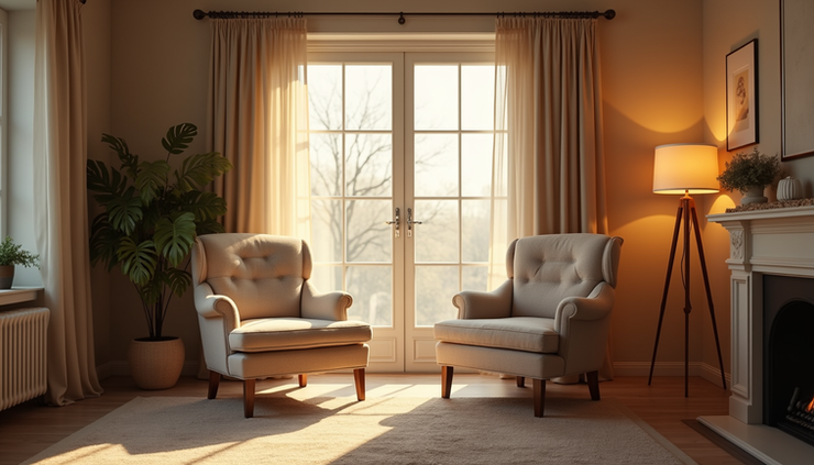 Eye-level view of a cozy living room with two chairs facing each other, symbolizing a balanced relationship