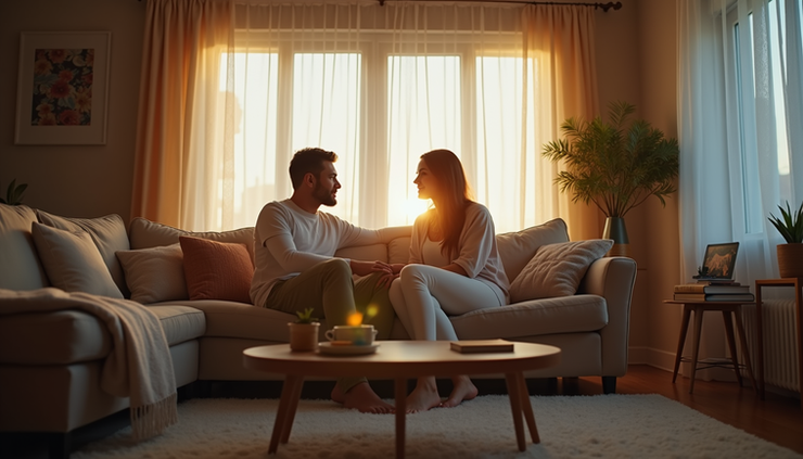 Eye-level view of a cozy living room with a couple sitting on a couch talking