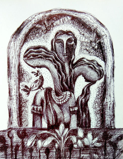 8- Embrace of Growth by Mukul Barman. Pen ink on paper, 8x10 in.
This intricate pen sketch is a profound meditation on protection and organic growth. Two smooth, tear-drop-shaped figures are tightly nestled within a larger sphere of swirling, concentric lines, suggesting a deep, continuous bond and the flow of life energy. The larger figure acts as a protective vessel, sheltering the smaller one and symbolizing the nurturing foundation required for development. Capping the form is a dense, flourishing canopy of detailed florals, representing abundance, security, and the thriving life that stems from a strong, loving embrace.