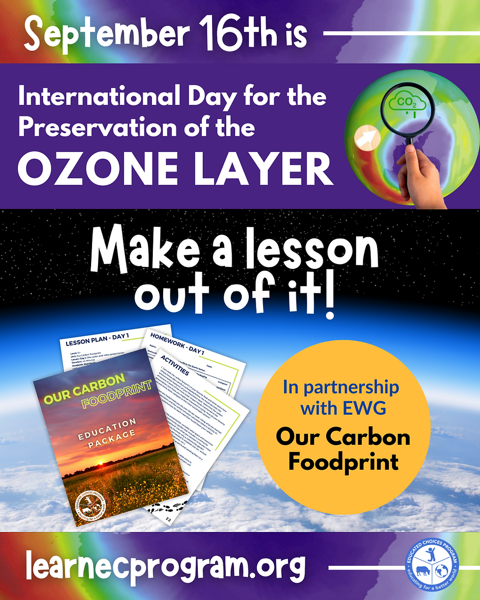 September 16th Ozone Layer Day poster with educational materials on carbon footprint and agriculture. Features colorful design and website link to the Educated Choices Program free curriculum website.