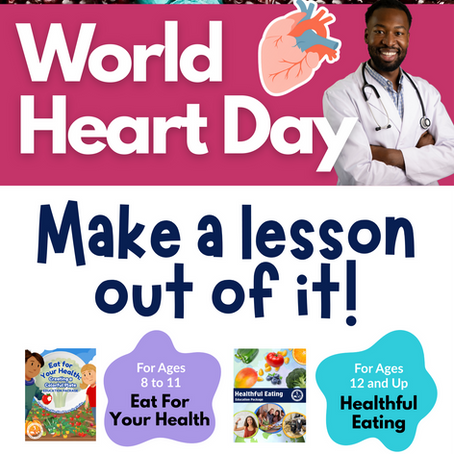 Celebrate World Heart Day. Make a lesson out of it! A doctor smiles with folded arms. Text highlights lesson plans for health. Berries in the background.