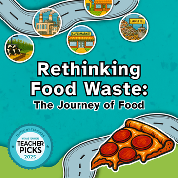 Road graphic with icons: factory farm, restaurant, supermarket, landfill. Text: "Rethinking Food Waste: The Journey of Food." We are Teachers Teacher Picks 2025 badge for the Educated Choices Program's "Rethinking Food Waste: The Journey of Food" free curriculum package.