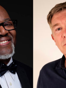 Two men in contrasting halves; one smiling in a tuxedo against black, the other neutral in a polo against white. No text.