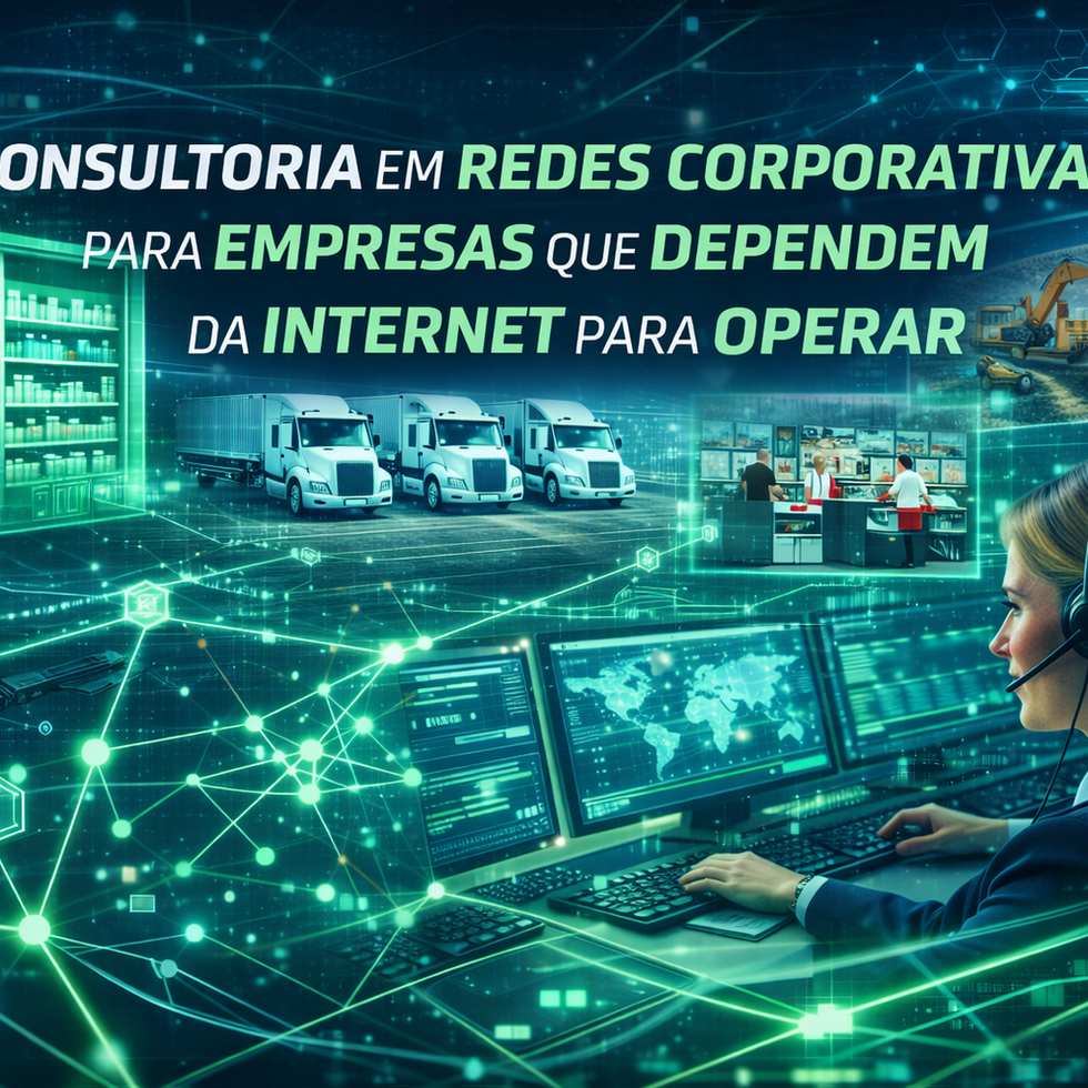 Consultoria em redes corporativas para empresas com múltiplas unidades, mostrando operações de farmácias, supermercados e logística conectadas por infraestrutura de rede crítica