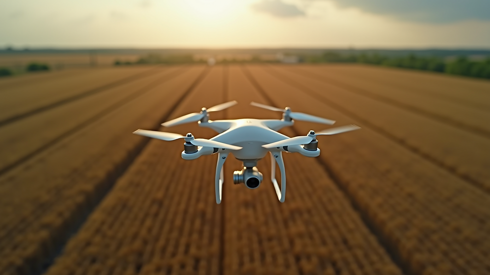 Eye-level view of a drone flying over a large agricultural field