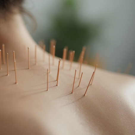 Acupuncture needles placed on the back to relieve pain