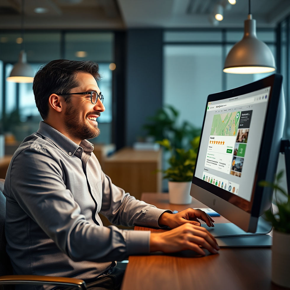 Hombre sonriente con gafas trabaja en un ordenador en una oficina moderna; la pantalla muestra un mapa y reseñas.