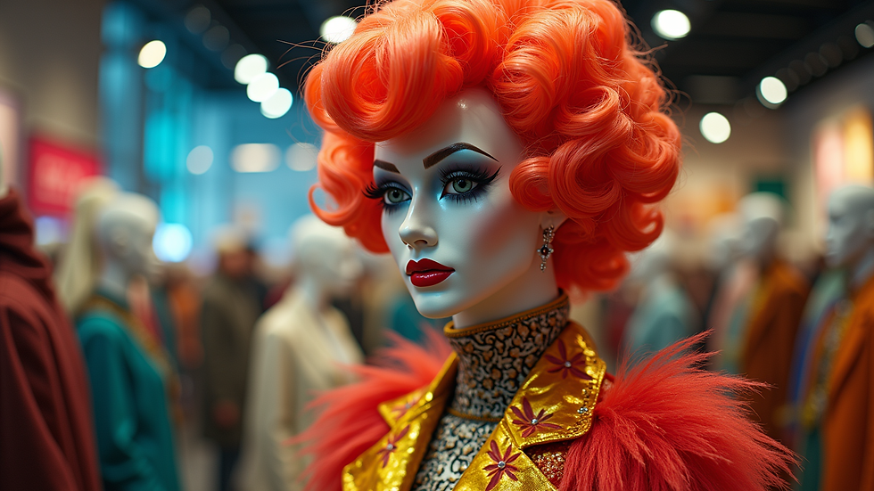Eye-level view of a colorful drag costume displayed on a mannequin
