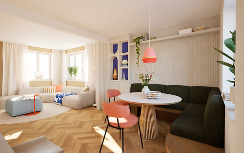 Esszimmer mit Akzentfarben und einem Einbauschrank mit runden Formen von Detailverliebt - Interior Design Bocholt