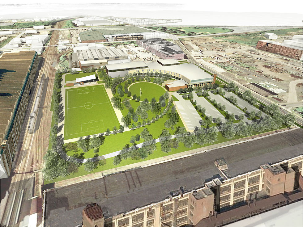 The campus includes ample green space in the context of a dense urban neighborhood.