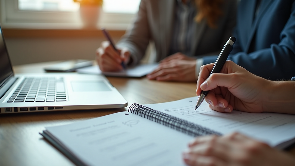 Close-up view of a leadership coaching session with notes and a laptop