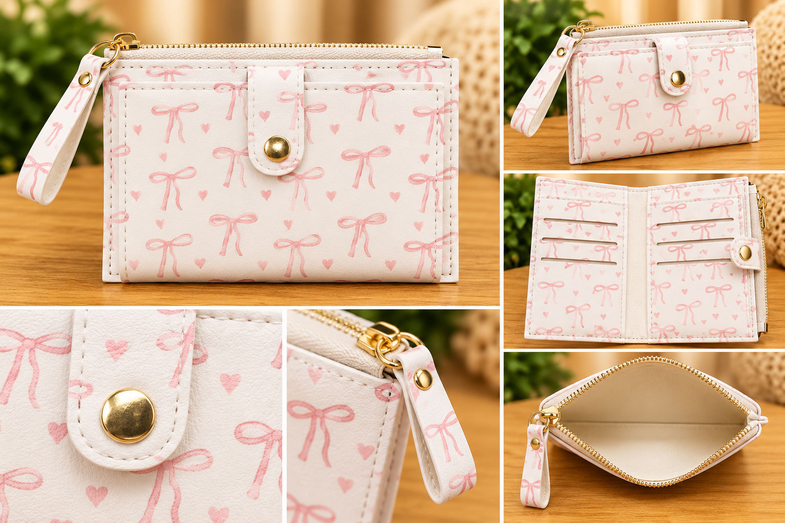 đ Portefeuille « Pink Love » â Blanc CrĂšme Ă Petits NĆuds et CĆurs Roses đ
