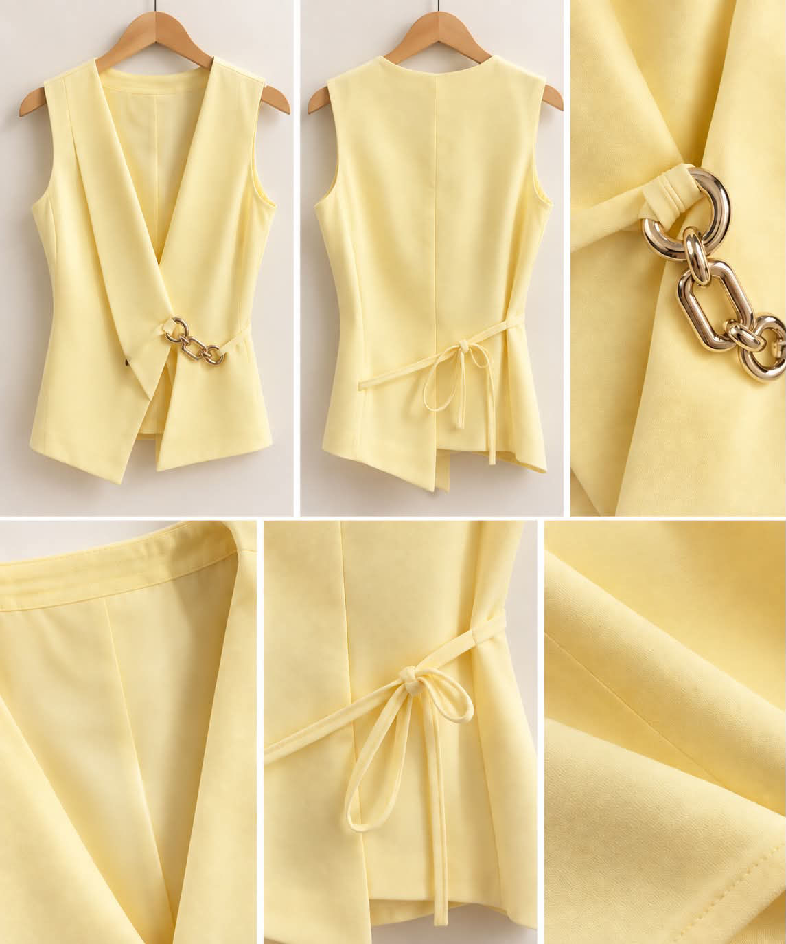 Top sans manches jaune pastel à effet portefeuille – Élégance lumineuse & détail