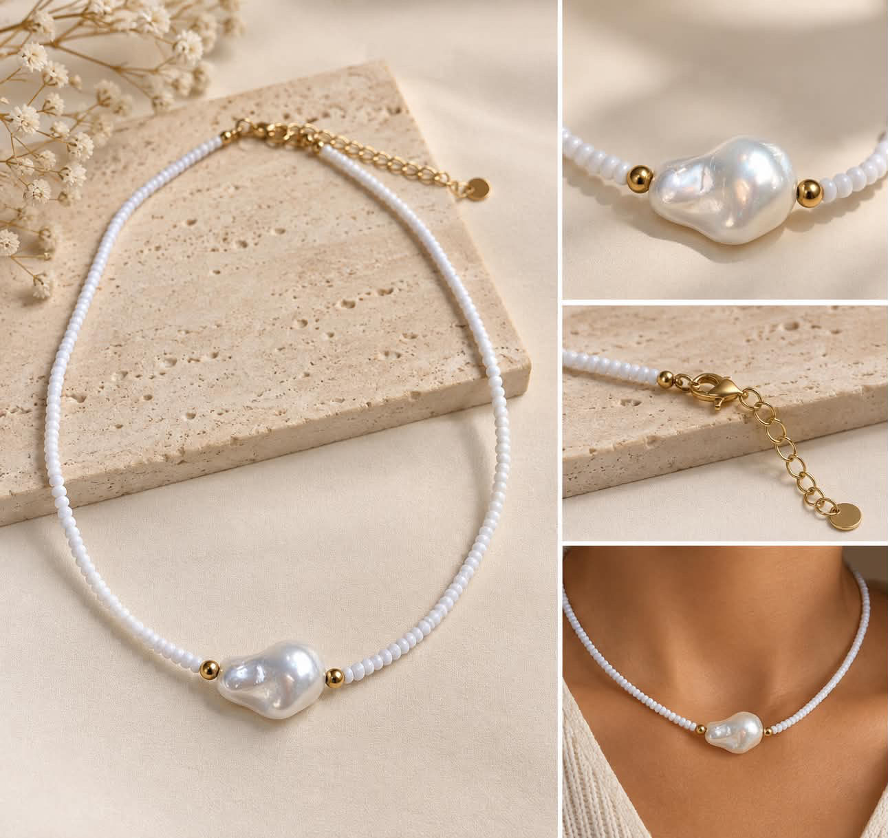Collier perlé blanc avec perle baroque – Élégance naturelle et raffinée