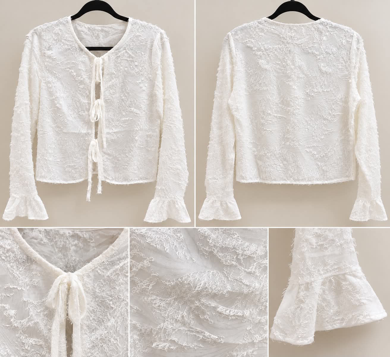Blouse Élégance en Dentelle Blanche à Liens & Manches Volantées
