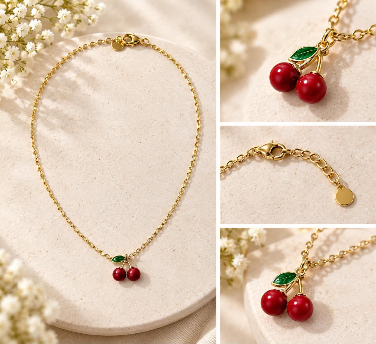 Bracelet de cheville Cerises Gourmandes Doré – Charme Fruité & Élégance Fine