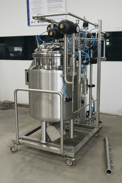 High-resolution stainless steel buffer vessel with sanitary design and control fittings, used in biopharmaceutical and plasma fractionation processes for buffer preparation, storage, and transfer under GMP conditions.