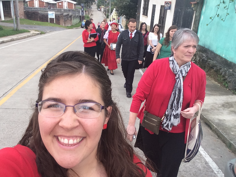 Kekchi Choir walking to church, I'm in the foreground smiling. Coban, Guatemala