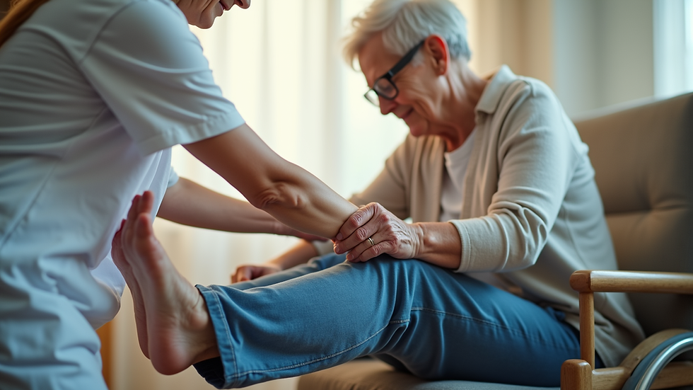 Eye-level view of physiotherapist assisting elderly woman with leg exercises in a home setting