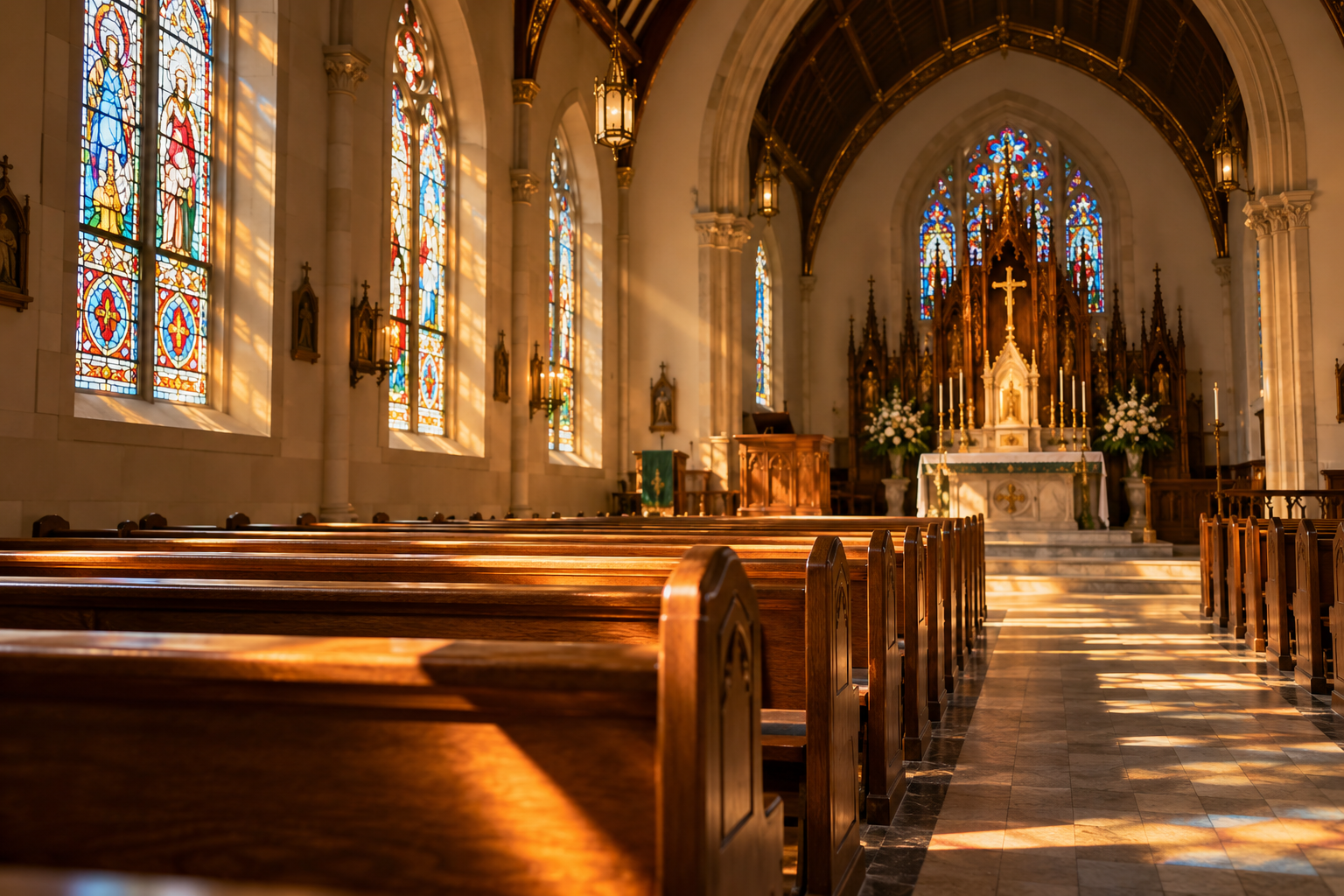 Quiet church interior with stained-glass windows — illustrative editorial image