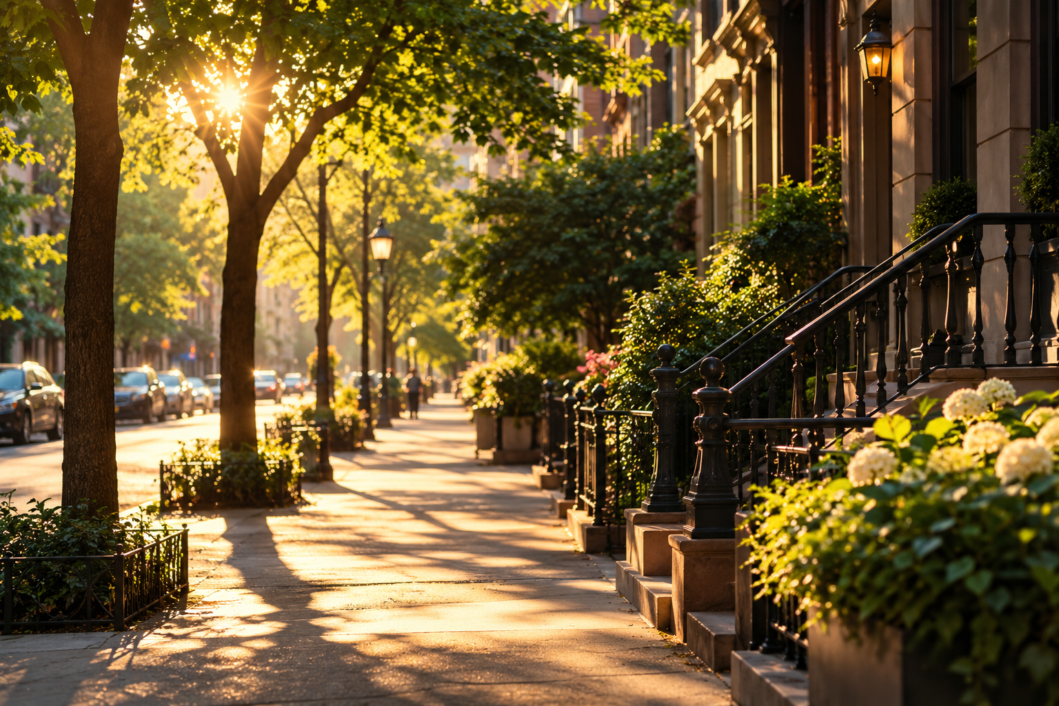 Tree-lined residential sidewalk in warm afternoon light — illustrative editorial image
