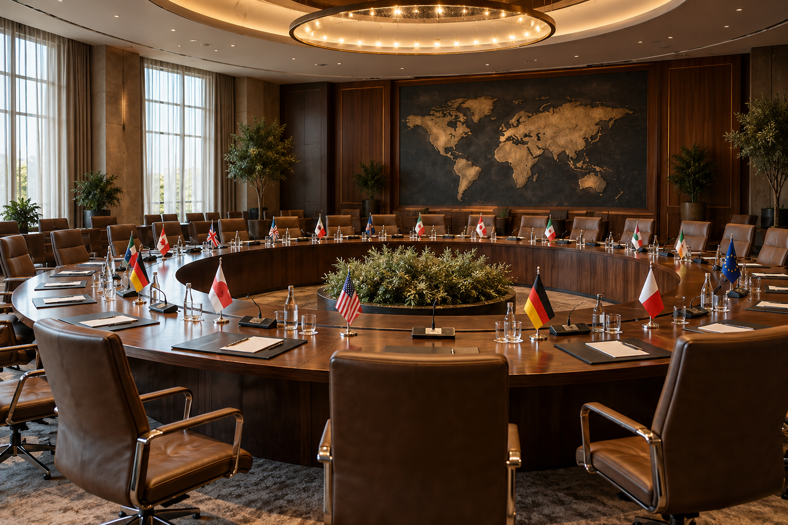 A formal meeting table with maps and place settings — illustrative editorial image