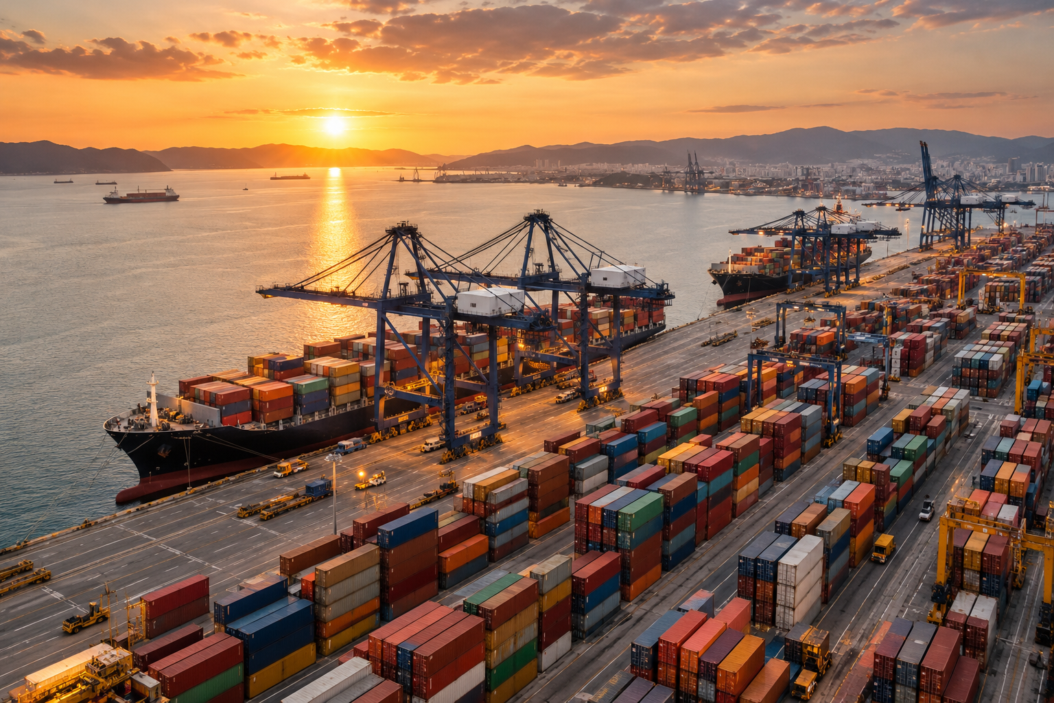 Shipping containers and cranes at a harbor — illustrative editorial image