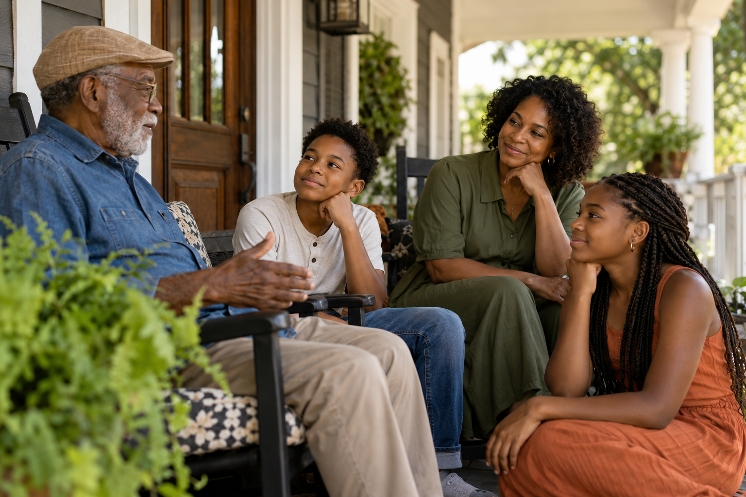Several generations sharing a conversation on a porch — illustrative editorial image
