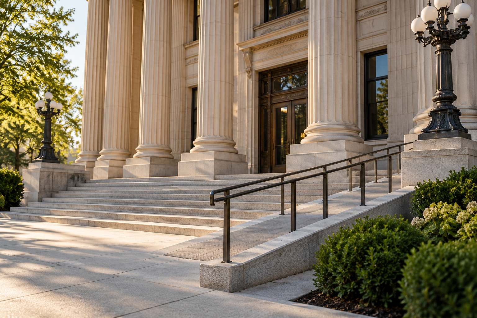 Stone columns and steps at a civic building — illustrative editorial image