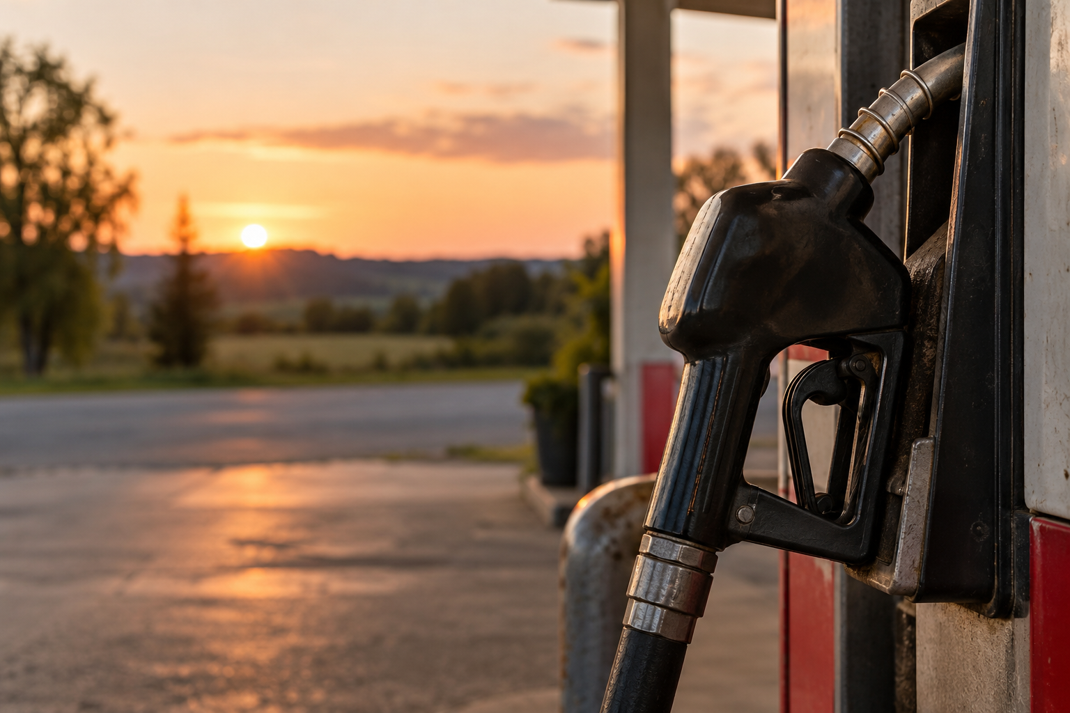 A fuel pump at sunset — illustrative editorial image