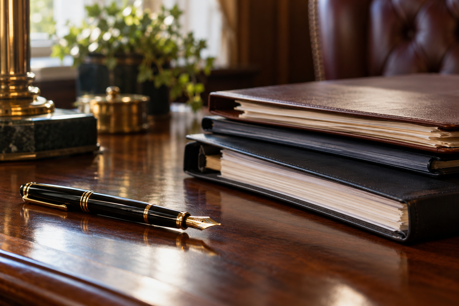 A fountain pen and folders on a wooden desk — illustrative editorial image