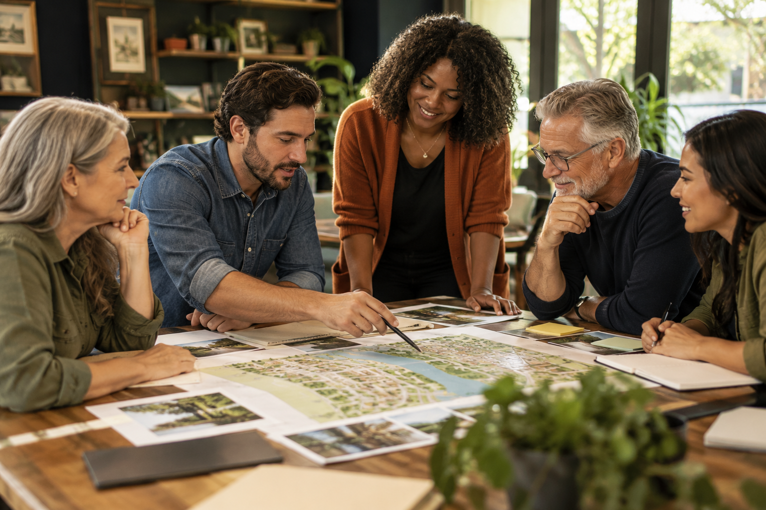 People reviewing a neighborhood plan together — illustrative editorial image