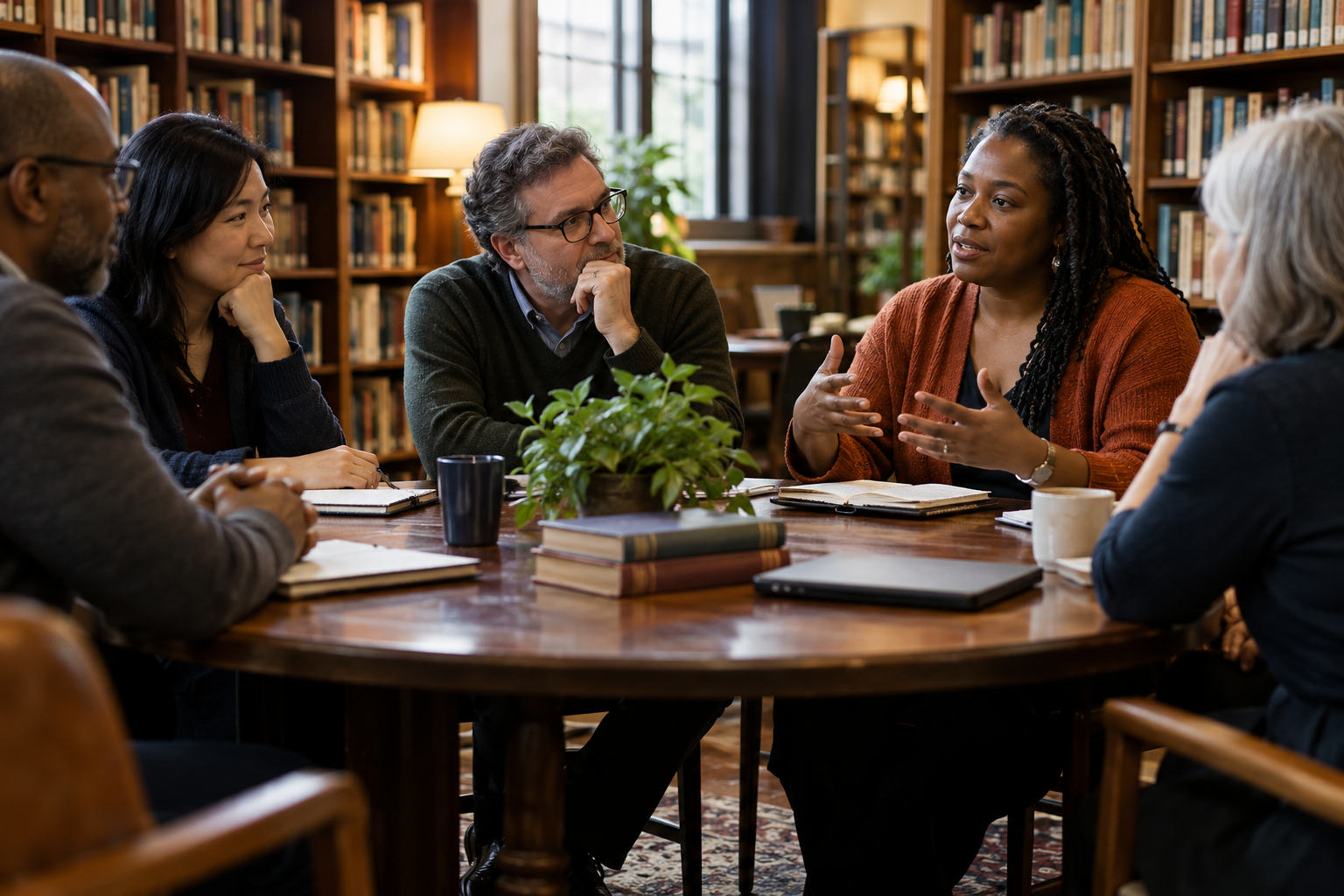 People gathered for a conversation around a library table — illustrative editorial image