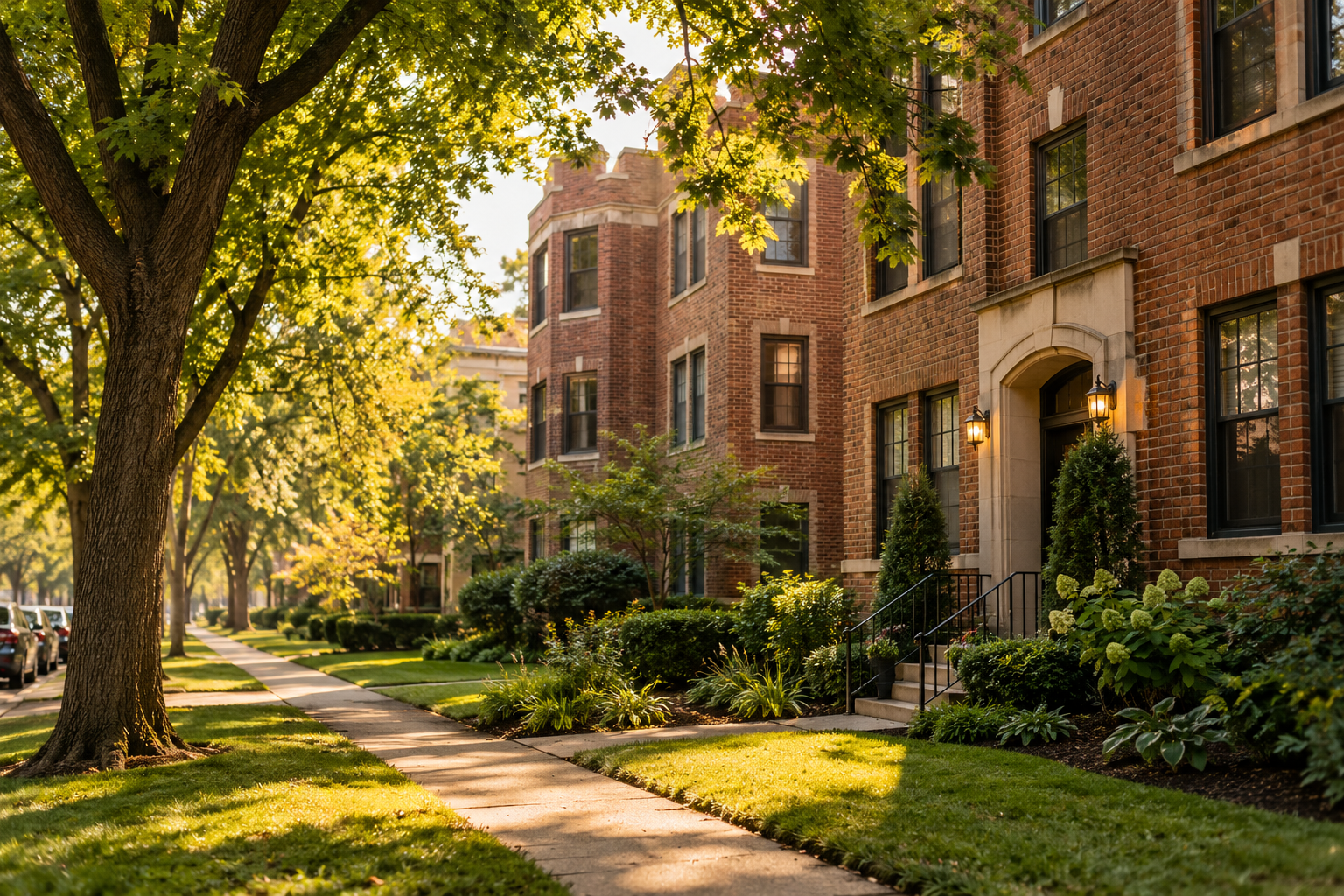 Residential buildings along a leafy neighborhood street — illustrative editorial image