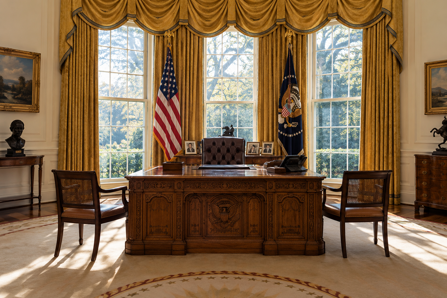 Illustrative presidential office interior with flags and a desk — illustrative editorial image