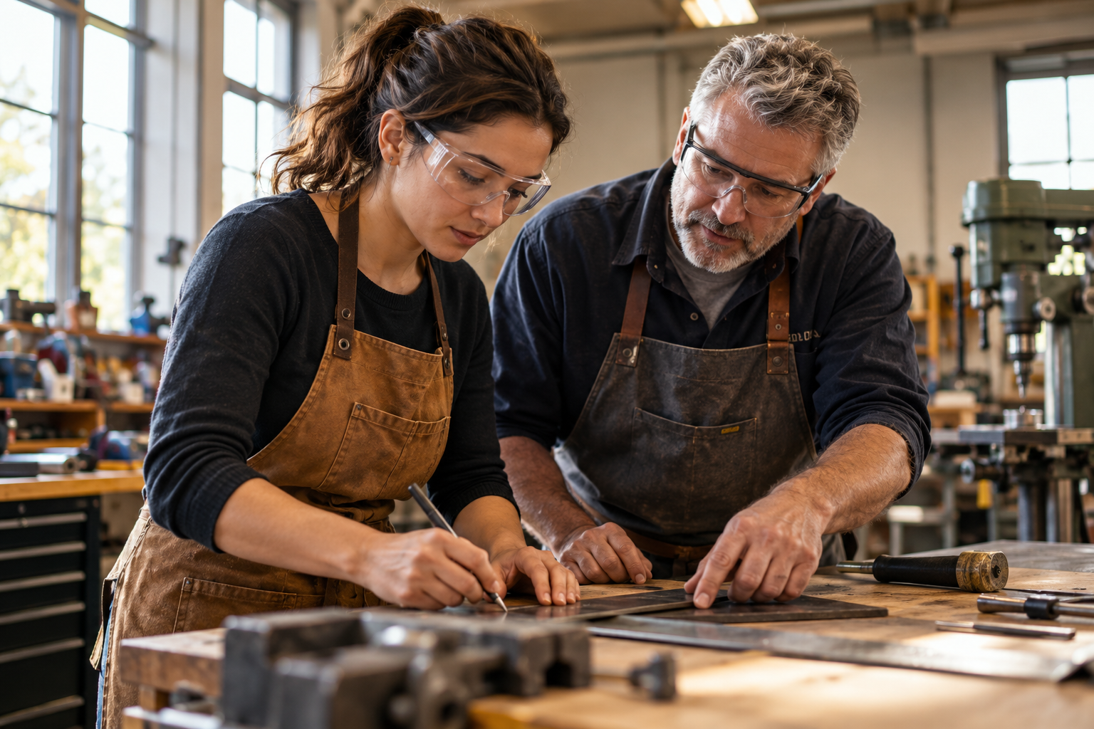 An experienced craftsperson working with an apprentice at a wooden bench