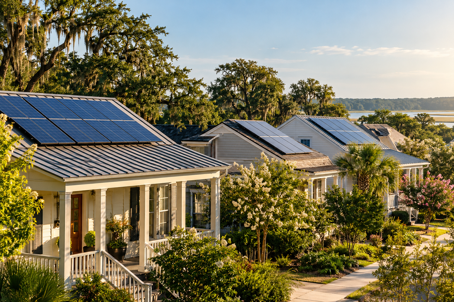 Solar panels on homes in a leafy neighborhood