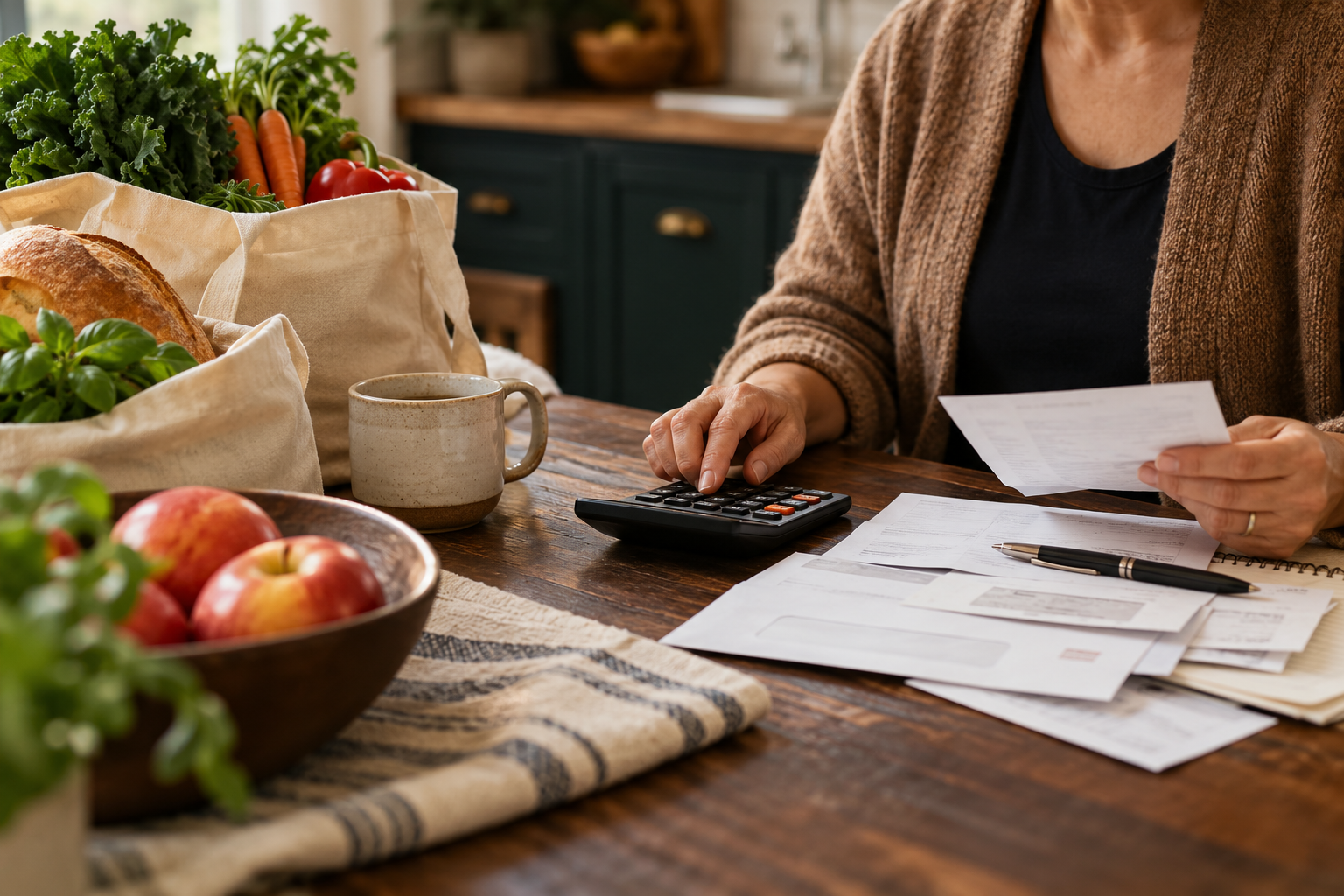 Groceries, household papers, and a calculator on a kitchen table — illustrative editorial image