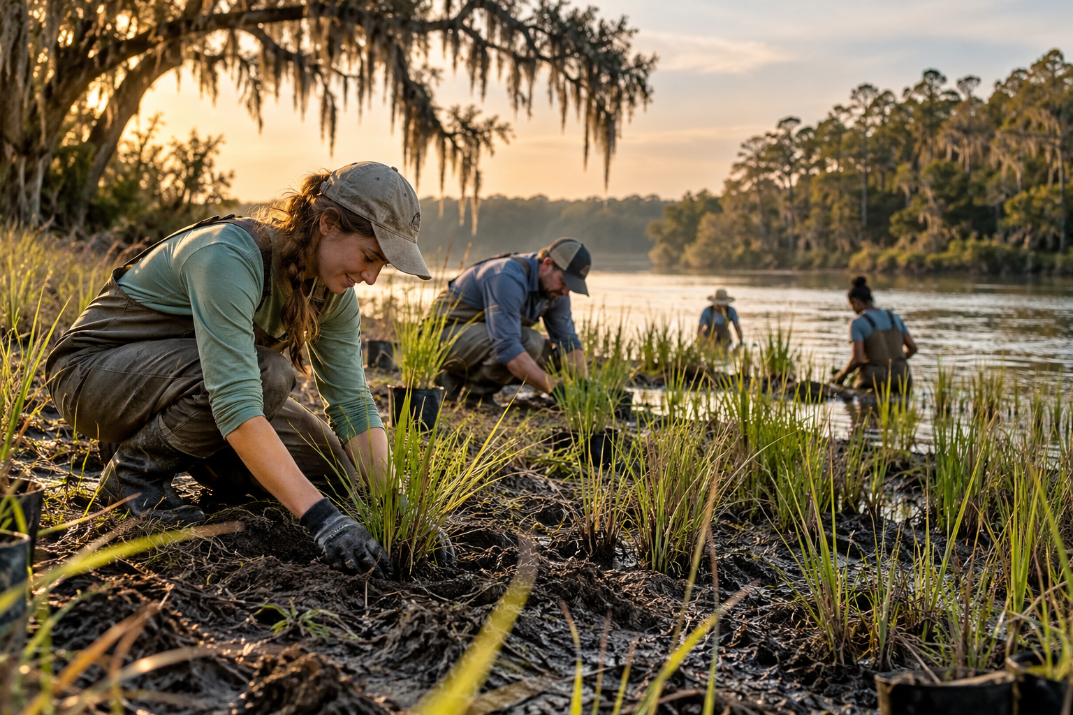 People tending a wetland landscape beside the water — illustrative editorial image