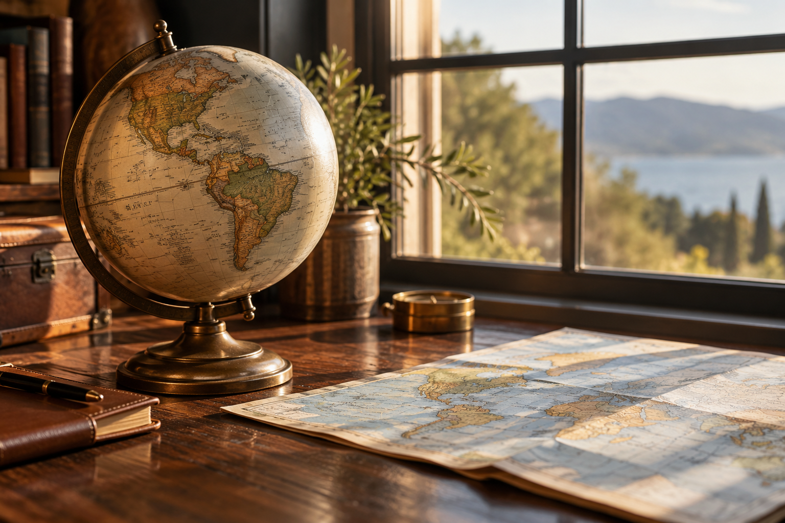 A globe on a desk beside a window — illustrative editorial image