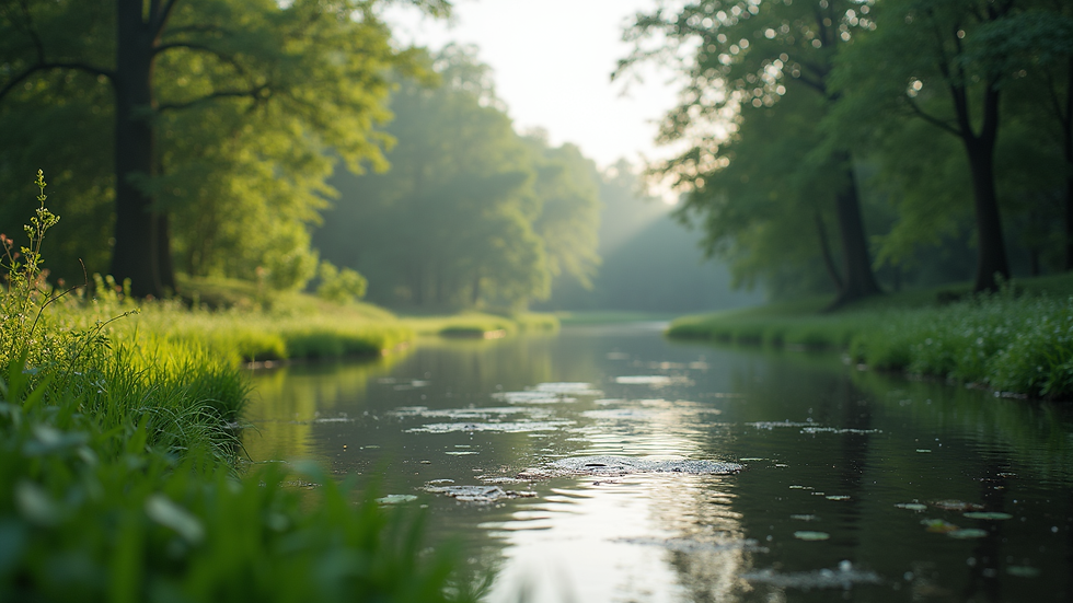 Eye-level view of a serene landscape with a calm river and lush greenery