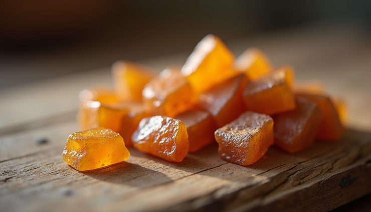Close-up view of dried frankincense resin pieces on a wooden surface