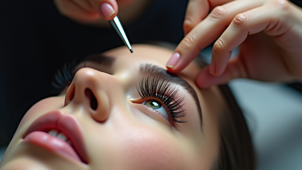 Eye-level view of a lash artist applying mega volume lashes