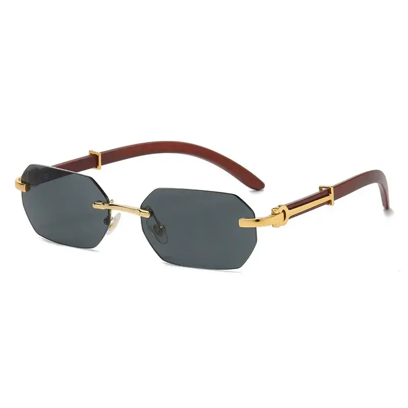 Thumbnail: Trendy Rimless Sunglasses for Men Women Frameless Rectangle Wood Frame Sun Glass