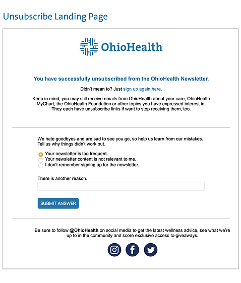 A screenshot of the OhioHealth newsletter unsubscribe page.