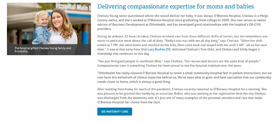 A screenshot of an associate story on the O'Bleness 100 website about a woman who delivered her baby at the hospital and now serves as a senior-level advisor in the Business Development department.
