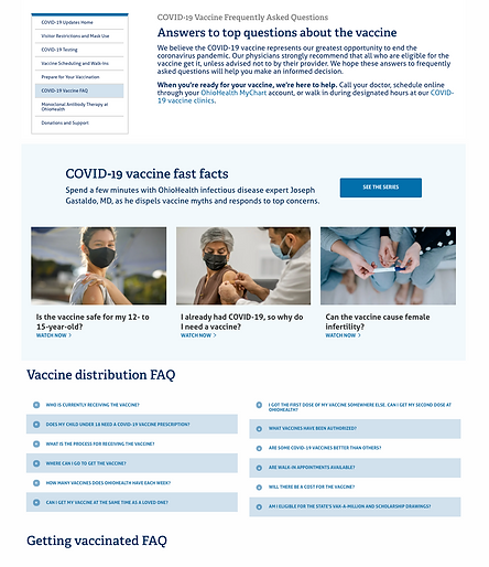 A screenshot of a subpage within the OhioHealth COVID-19 vaccine webpage, with vaccine fact facts linking to the blog and FAQ accordions.