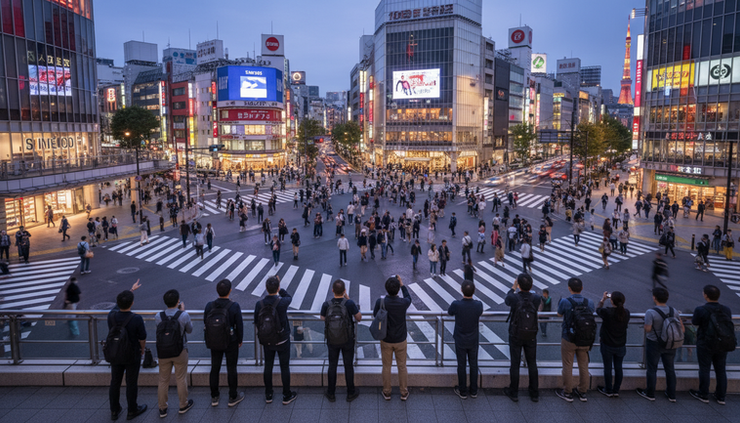High-angle view of pedestrians crossing at Shibuya Crossing in Tokyo.