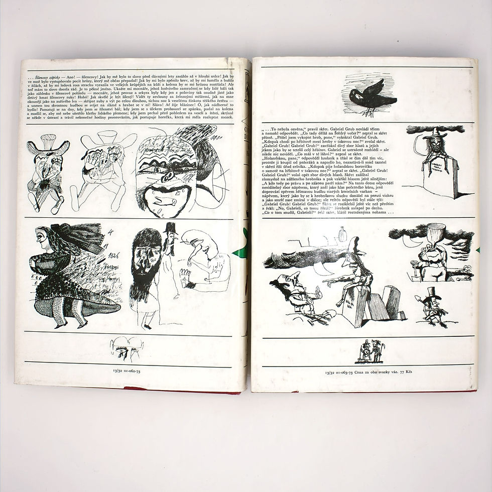Livre ouvert en tchèque, pages remplies de dessins surréalistes noir et blanc, oiseaux et figures étranges. Kronika Pickwickova klubu illustré par Jiří Šalamoun