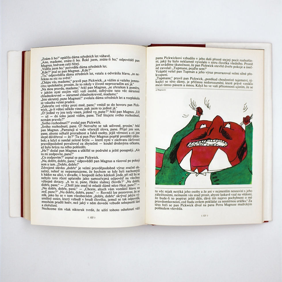 Livre ouvert en tchèque, avec dessin d’un visage rouge furieux criant, sur fond blanc. Kronika Pickwickova klubu, illustré par Jiří Šalamoun